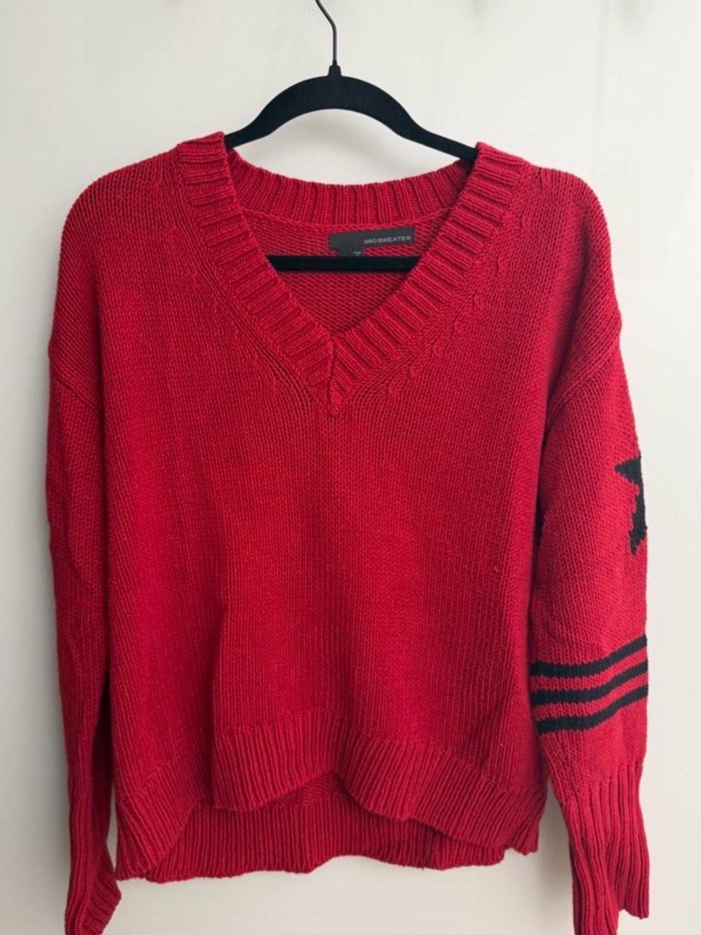 360 Sweater Red V-Neck with Black Sleeve Stripes